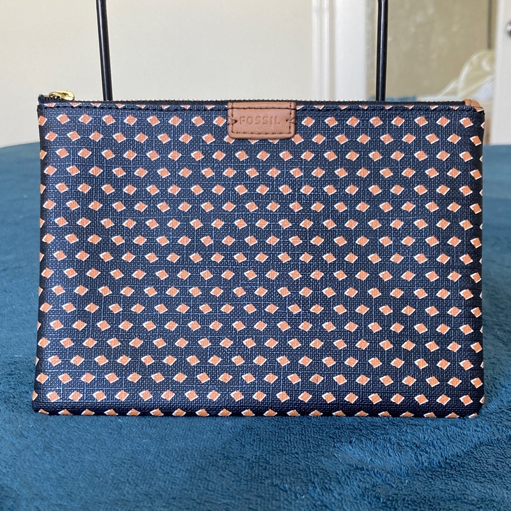 Fossil Blue and Orange Geometric dual side Emma Clutch